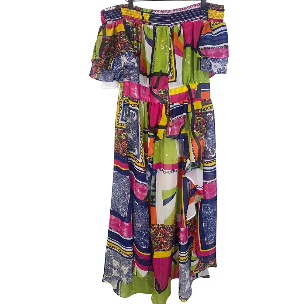 Ashley Stewart Hi-Low Colorful Cover Up Top Button Front Off the Shoulder 14/16